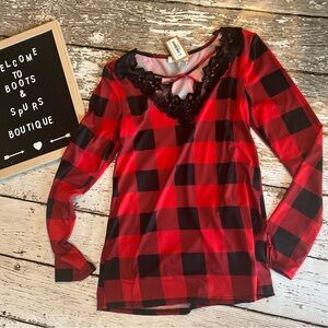 Plaid Long Sleeve Top with Lace Detail